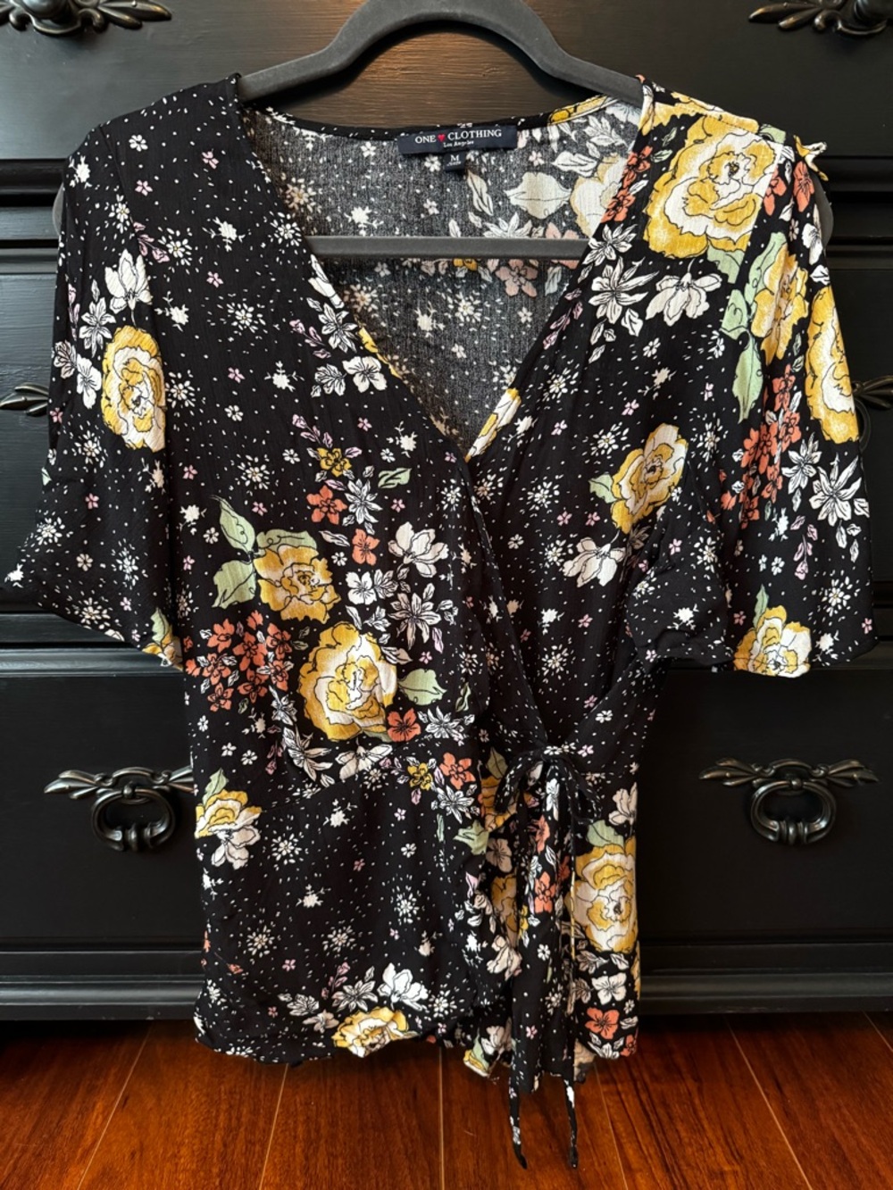 One Clothing Black Floral Wrap Blouse Shirt Top Medium